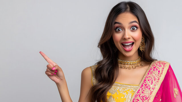Beautiful young Indian woman wearing traditional clothes pointing left. Heavy discount, festive season sale, shopping offer