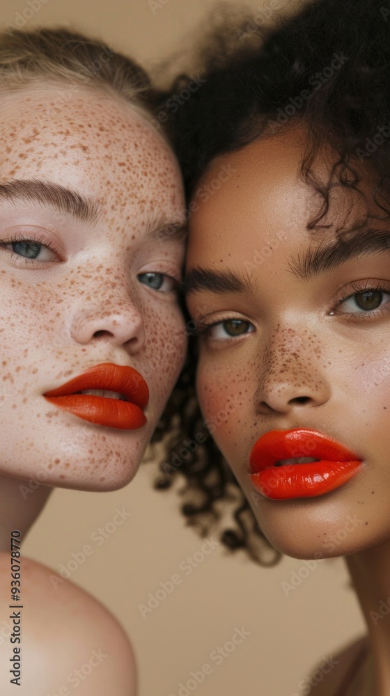 Poster two models, one with beautiful freckles and the other with curly hair, come together in a creative d