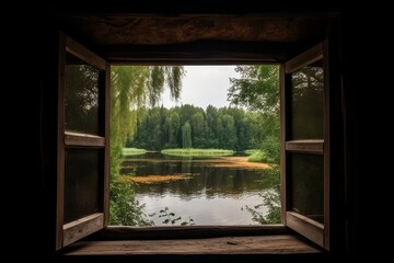 Open Window Overlooking Autumn Trees and Serene Lake