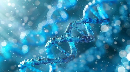 Beautiful blue DNA double helix spiral with light bokeh and bubbles, gracefully floating on a blue background