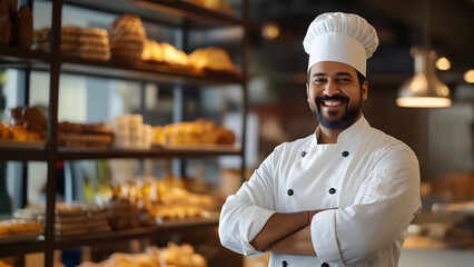 Smiling Indian male baker and chef looking at camera. Chefs baker in a chef dress and hat crossed arms 