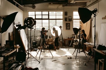A busy studio setup shows photographers and models working amidst professional equipment in a well-lit creative space.