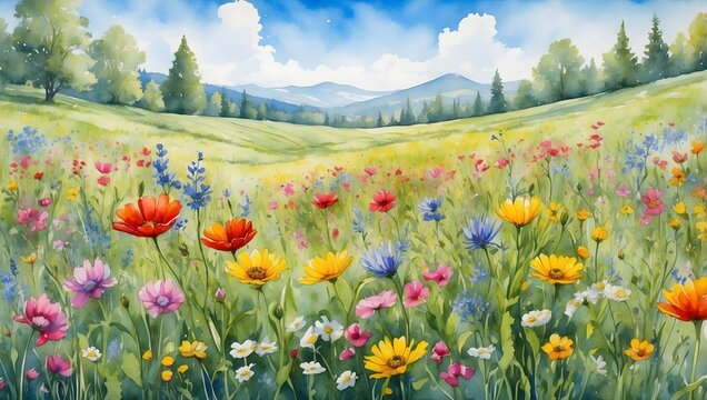 Aquarell Landschaft Natur Blumenwiese