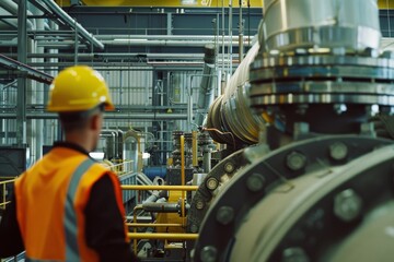 Inside an industrial plant, a worker in high-visibility clothing surveys an array of shiny metal pipes and machinery.