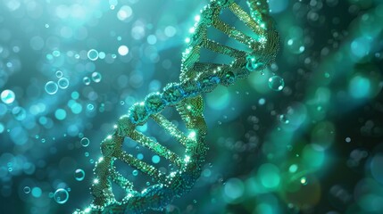 Beautiful blue DNA double helix spiral with light bokeh and bubbles, gracefully floating on a blue background