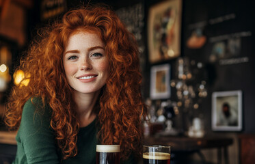 Woman with long red curly hair in a pub 