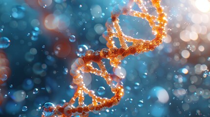 Beautiful blue DNA double helix spiral with light bokeh and bubbles, gracefully floating on a blue background