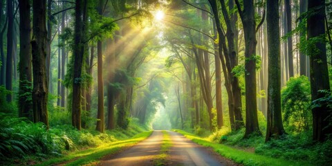 Obraz premium Mystical forest road surrounded by tall trees and lush greenery
