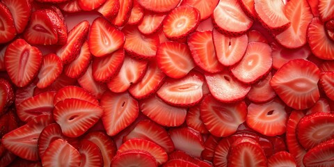 Close-up of sliced strawberries, showcasing their vibrant red color and juicy texture.