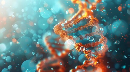Beautiful blue DNA double helix spiral with light bokeh and bubbles, gracefully floating on a blue background