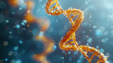 Beautiful blue DNA double helix spiral with light bokeh and bubbles, gracefully floating on a blue background