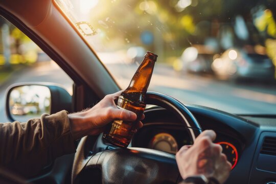 A person holding a beer bottle while driving a car, highlighting dangerous and irresponsible behavior behind the wheel.