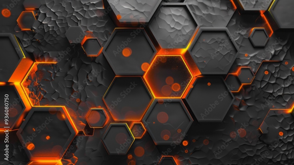 Poster this artwork features an intricate arrangement of orange hexagons set against a deep gray backdrop, 