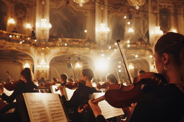 Fototapeta premium A grandiose orchestral performance under ornate chandeliers, musicians playing passionately amidst warm, golden lighting.