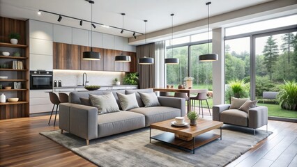 Modern living room and kitchen with sleek furniture, stylish decor, and plenty of natural light