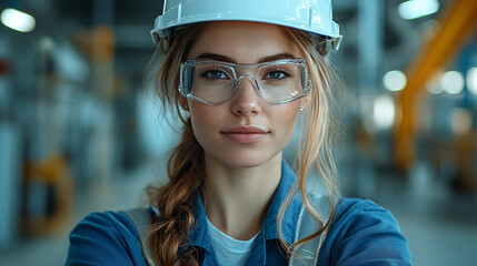 A confident female engineer in a white hard hat and safety glasses poses with arms crossed in a blue work uniform, representing professionalism and expertise in the construction industry.