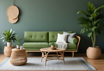 A modern, minimalist living room with a green upholstered sofa, a woven rattan side table, and potted plants.