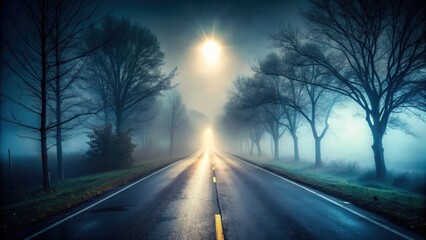 Fototapeta premium Lonely road enveloped in fog at night, creating a mysterious and eerie atmosphere