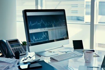 A sleek office with a computer monitor showing financial graphs and statistical data, with a calculator, phone, and cup of coffee on the desk.
