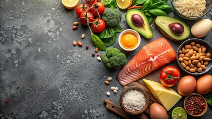 Ketogenic low carb diet ingredients arranged on a dark stone table