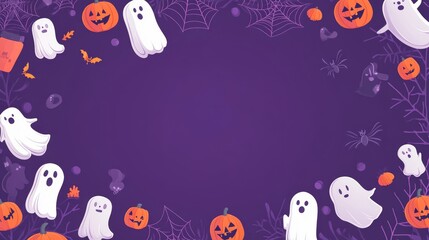 Spooky Halloween Purple Wallpaper with Ghost and Spider Web Patterns for Digital Content Design