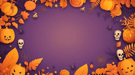 Vibrant Halloween Wallpaper with Cartoon Skeleton and Spider Web Patterns on Gradient Violet and Orange Background, Ideal for Website Banners
