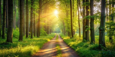 Obraz premium A serene forest path illuminated by sunlight