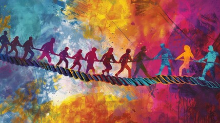 Group of people engaged in a tug-of-war, symbolizing teamwork and competition. The vibrant, abstract background adds a dynamic and energetic atmosphere