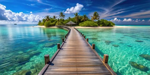 Wooden bridge leading to tropical island beach resort surrounded by crystal clear water
