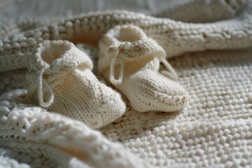 Fototapeta premium Soft, knitted baby booties nestled in a cozy blanket, symbolizing warmth, care, and new beginnings.