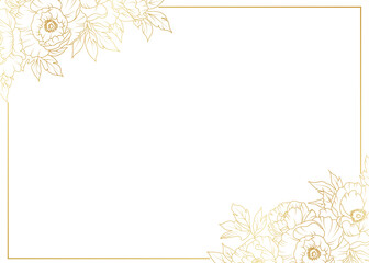 Luxury gold peony flowers border frame background. Floral pattern tropical in line art style for greeting, invitation, wedding card, wall art, wallpaper and print. Vector illustration