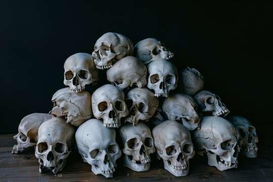 A pile of human skulls stacked in a pyramid formation against a dark background, creating a morbid yet intriguing focal point.