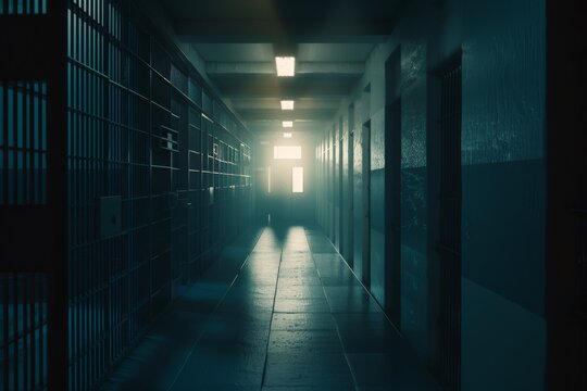 An eerie, dimly-lit prison corridor with bars on one side and cells on the other, illuminated by a distant, bright light at the end.