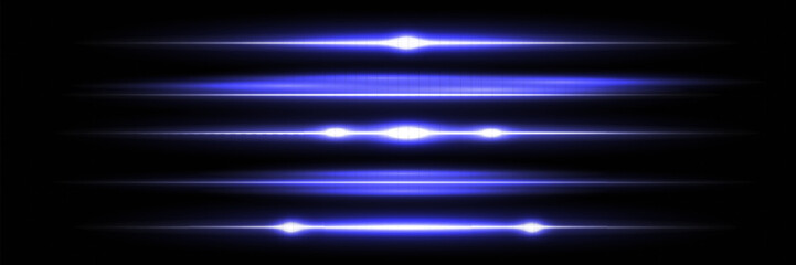 Blue horizontal lens flares pack. Laser beams, horizontal light rays. Beautiful light flares. Glowing streaks on dark background. Luminous abstract sparkling lined background.