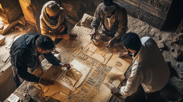 A group of archaeologists work at an ancient temple site, carefully examining artifacts and documenting their findings