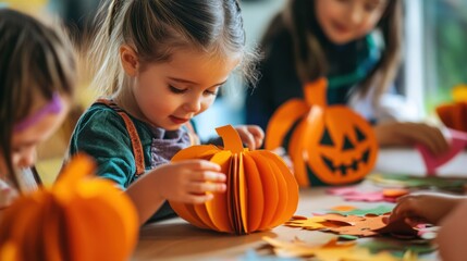 Fototapeta premium Little Girls Making Paper Pumpkins for Fall Crafts 