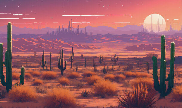 A vast desert landscape at sunset with cacti in the foreground and a distant city on the horizon