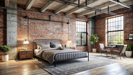Spacious industrial style bedroom with exposed brick walls and metal furnishings