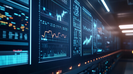 Futuristic abstract digital process in laboratory with many screen diagnostic analytical displays, screens. AI generation