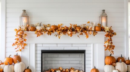 Autumn Fireplace Mantel Decor with Pumpkins and Leaves
