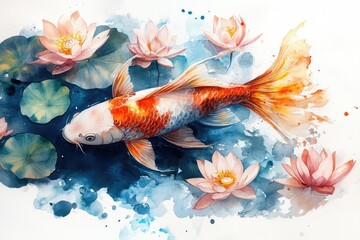 Fototapeta premium Watercolor Painting of a Koi Fish and Lotus Flowers