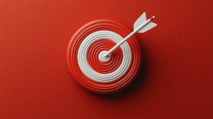 3D illustration of a target with an arrow hitting the bullseye on a red background.