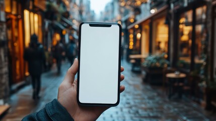A hand holds a smartphone with a blank white screen on a blurred street background, ideal for promoting mobile apps, digital services, or travel blogs,