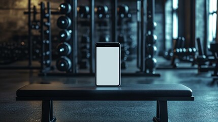 A smartphone stands on a gym bench with a blank screen, surrounded by workout equipment and free weights, ideal for fitness app promotions or gym-related marketing material,
