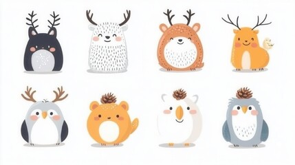 Naklejka premium Adorable collection of cute animal illustrations with antlers and playful expressions, perfect for kids' designs and seasonal themes.