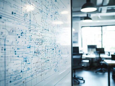 A whiteboard in a modern office, displaying a complex network diagram with blue lines and circles.  The office space is blurred in the background, creating a sense of focus on the diagram.