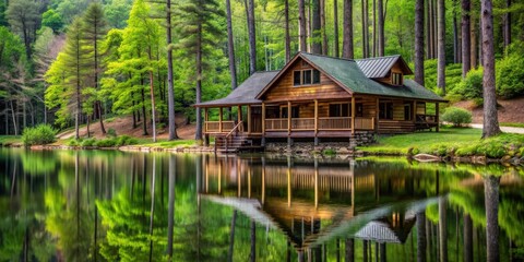A serene log cabin nestled in the forest by Lake Santeetlah, North Carolina