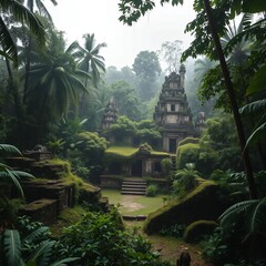 Fototapeta premium ancient and overgrown mayan temple ruins in the jungle, lost place in the amazon rainforest
