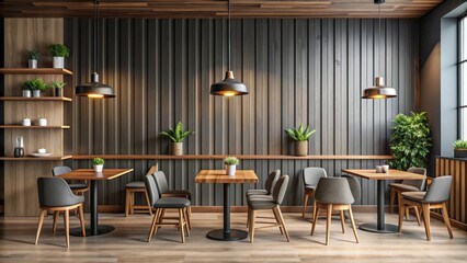 A cozy cafe with a dark gray and wooden wall interior