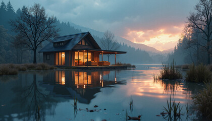 Fototapeta premium Cozy lakeside cabin with warm glow against misty mountain sunset